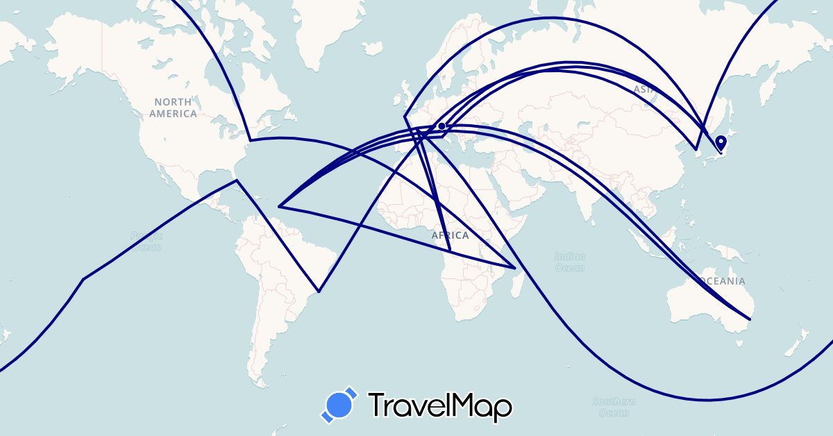 TravelMap itinerary: driving in Australia, Brazil, Democratic Republic of the Congo, France, Italy, Japan, South Korea, Martinique, Russia, United States, Vatican City (Africa, Asia, Europe, North America, Oceania, South America)